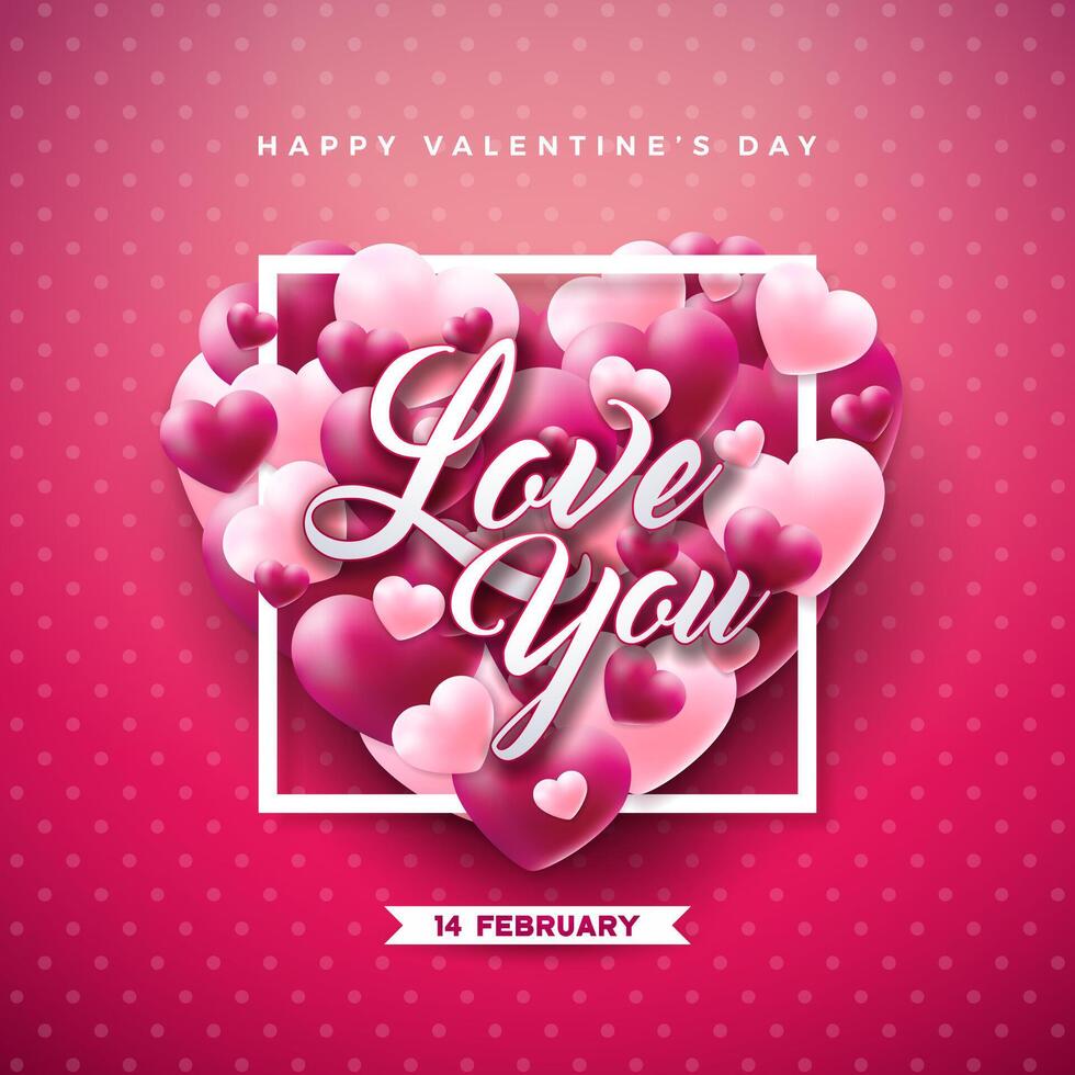 Love You. Happy Valentines Day Design with Red and White Heart and Typography Letter on Red Background. Vector Wedding and Romantic Valentine Theme Illustration for Flyer, Greeting Card