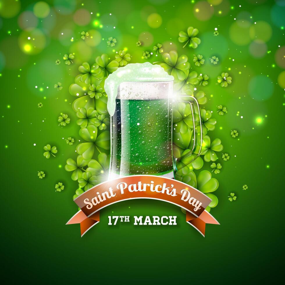 Saint Patrick's Day Illustration with Irish Traditional Green Beer and Flying Clover Leaves on Shiny Background. St. Patricks Day Lucky Celebration Vector Design for Flyer, Holiday Poster