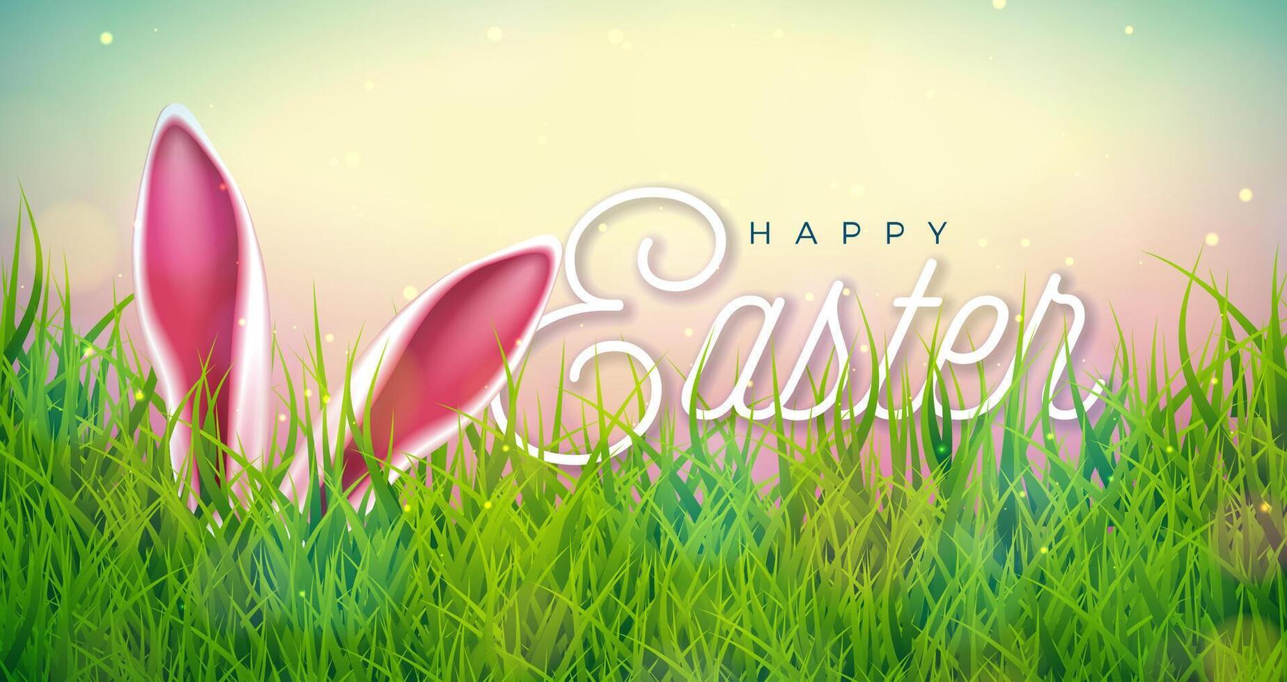 Vector Happy Easter Holiday Illustration with Rabbit Ears on Nature Grass Background. International Spring Celebration Design with Typography for Greeting Card, Party Invitation or Promo Banner