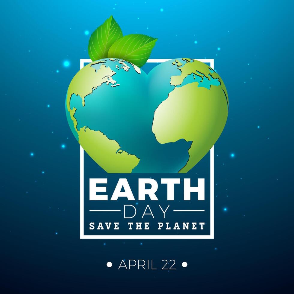 Earth Day Illustration with Planet in the Heart Shape and Green Leaf on Blue Background. April 22 Environment World Map Concept. Vector Save the Planet Design for Banner, Poster or Greeting Card