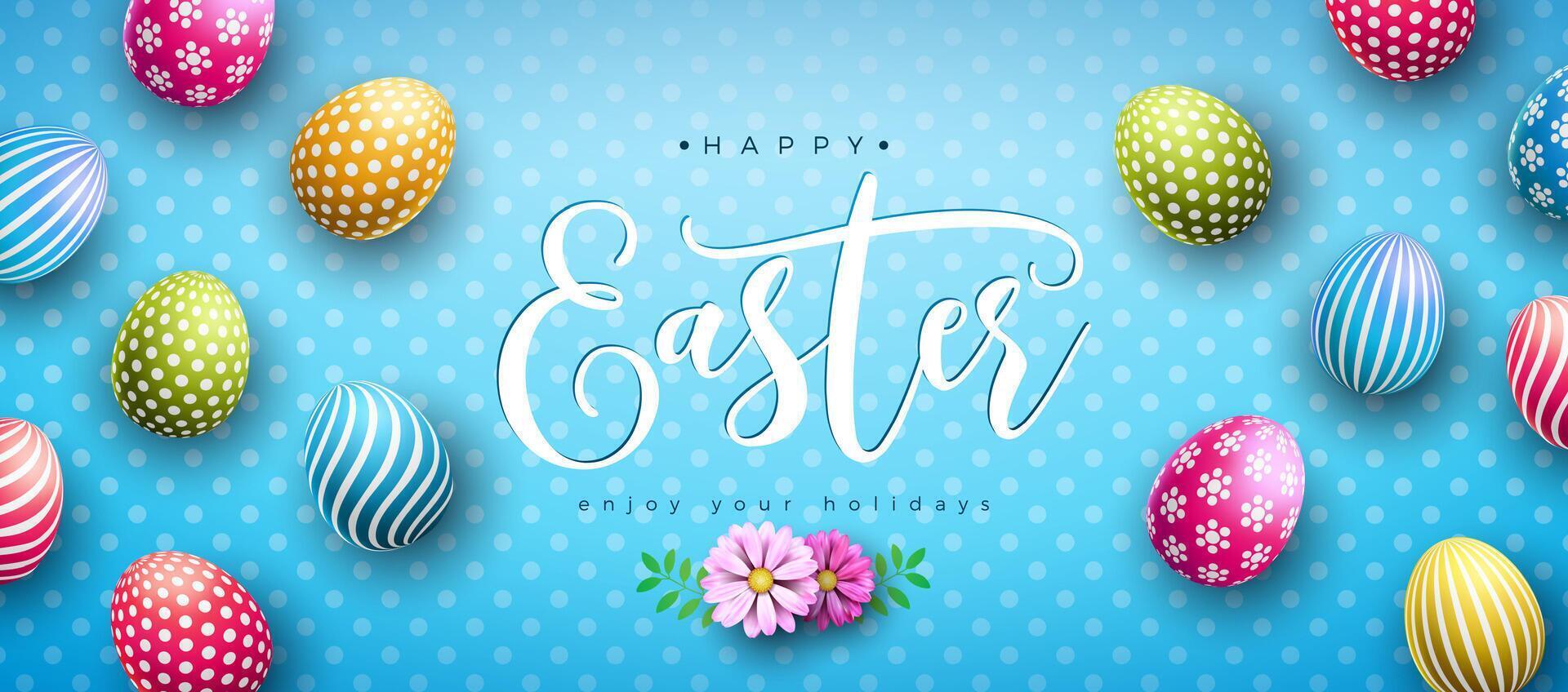 Vector Illustration of Happy Easter Holiday with Colorful Painted Egg and Typography Letter on Shiny Light Blue Background. Easter Day Celebration Design for Flyer, Greeting Card, Banner, Poster