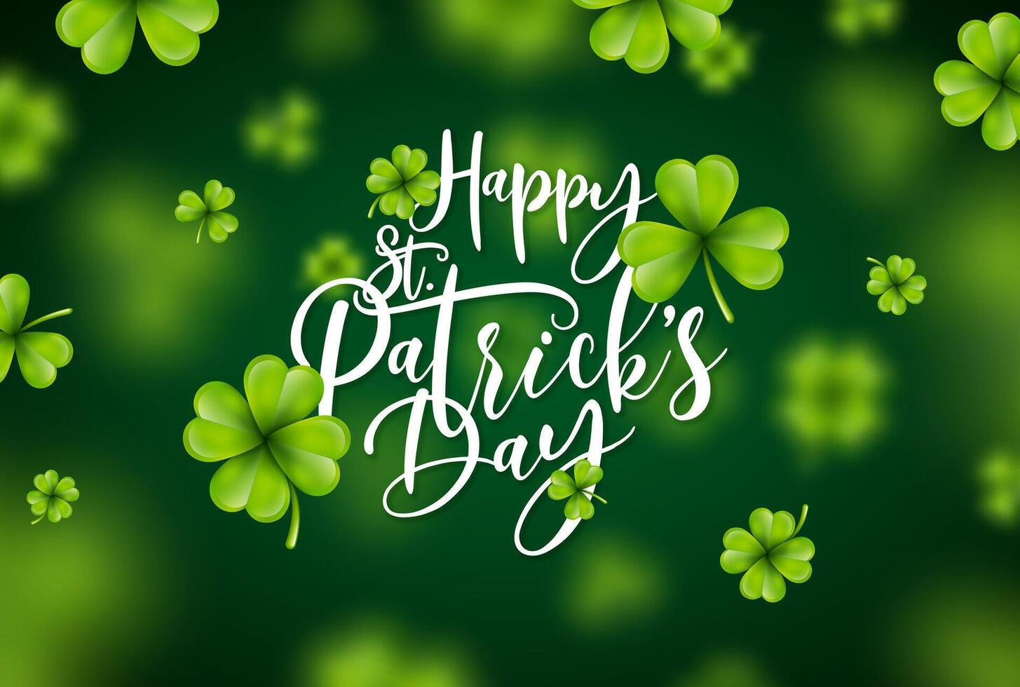 Saint Patrick's Day Illustration with Falling Clovers and Typography Letter on Green Background. Irish St. Patricks Lucky Celebration Vector Design for Flyer, Greeting Card, Web Banner, Holiday Poster