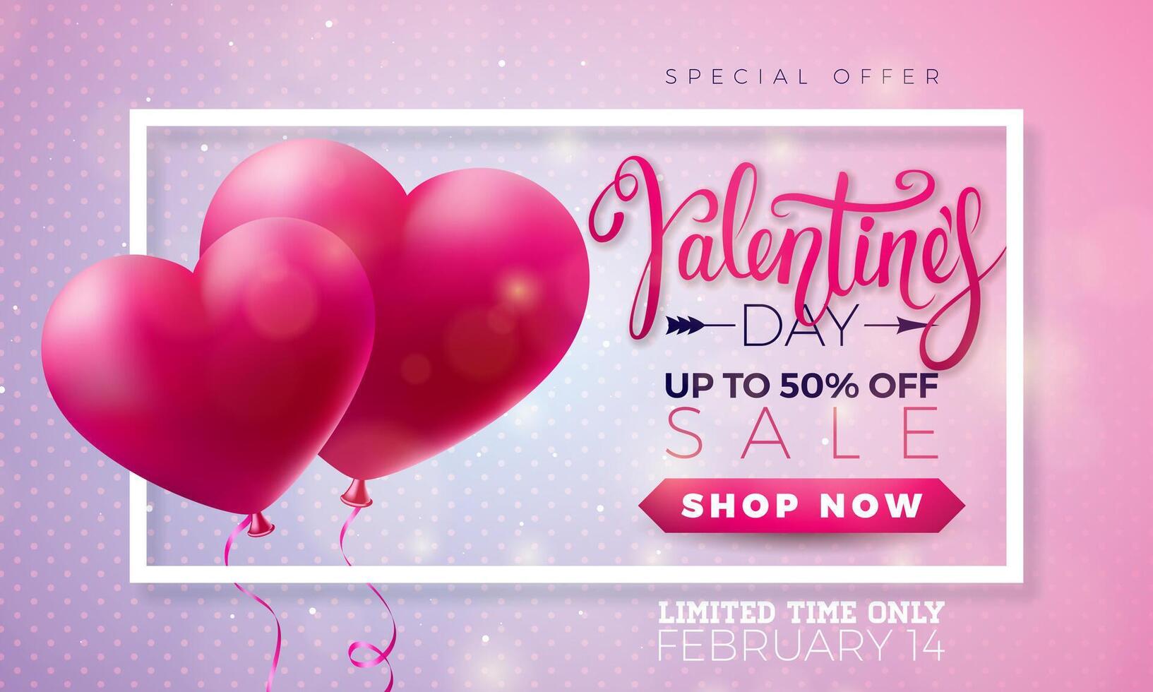 Valentines Day Sale Design with Red Heart Balloon on Shiny Light Pink Background. Vector Special Offer Illustration for Coupon, Banner, Voucher or Promotional Poster