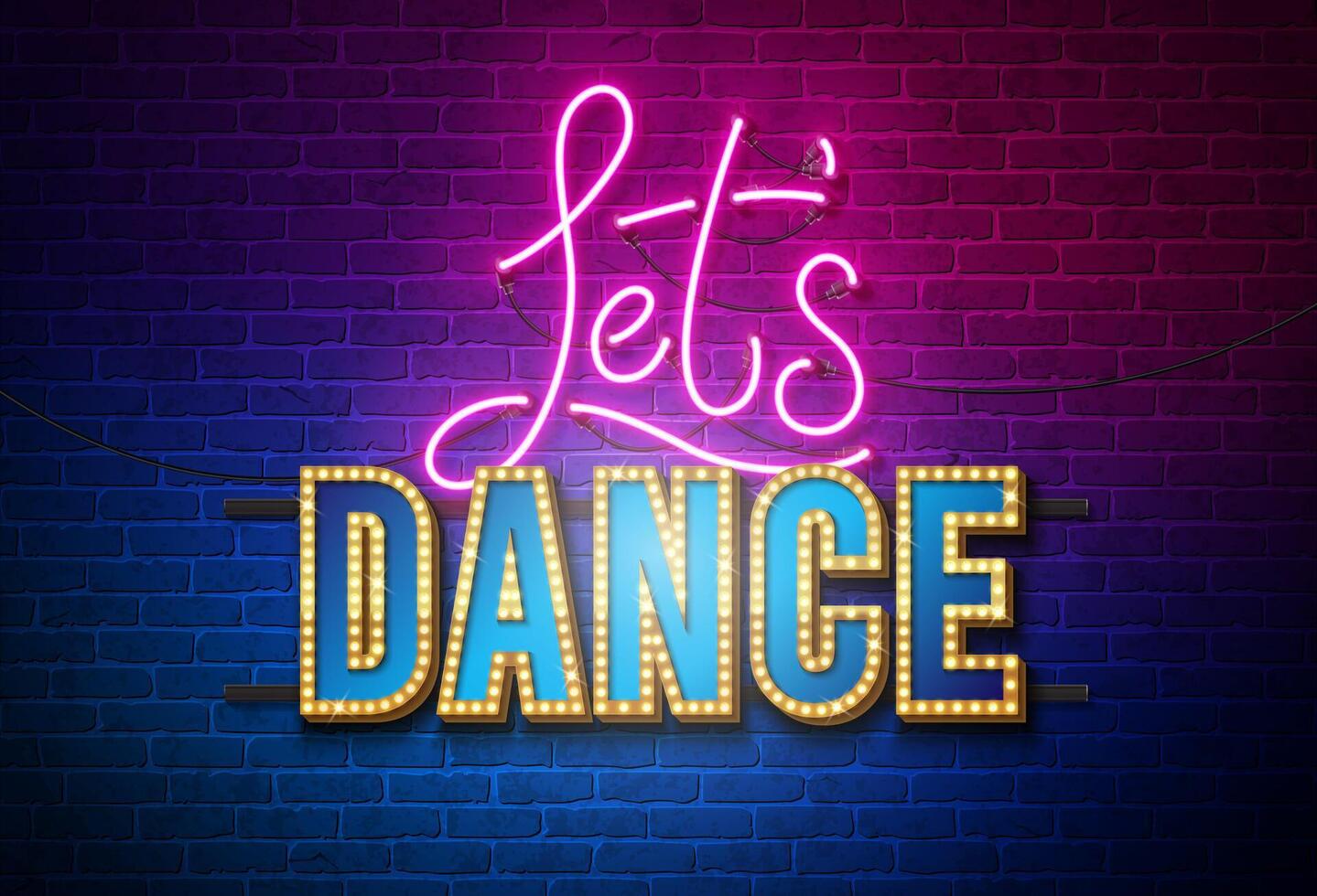 Lets Dance Vector Illustration with Bright Neon Light Lettering on Brick Wall Background. April 29 Dance Day Celebration Design Template for Banner, Flyer, Invitation, Brochure, Poster or Card
