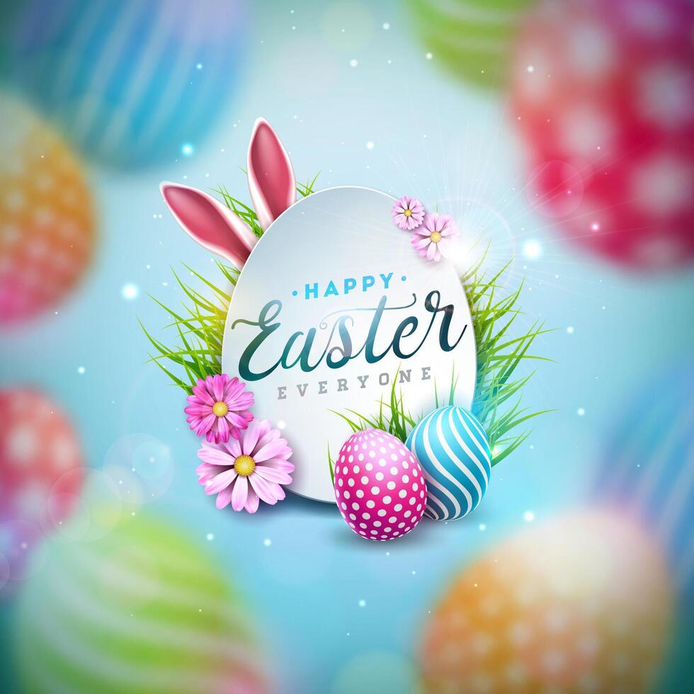 Vector Illustration of Happy Easter Holiday with Colorful Painted Egg and Rabbit Ear on Shiny Light Background. International Celebration Design with Typography for Greeting Card, Party Invitation