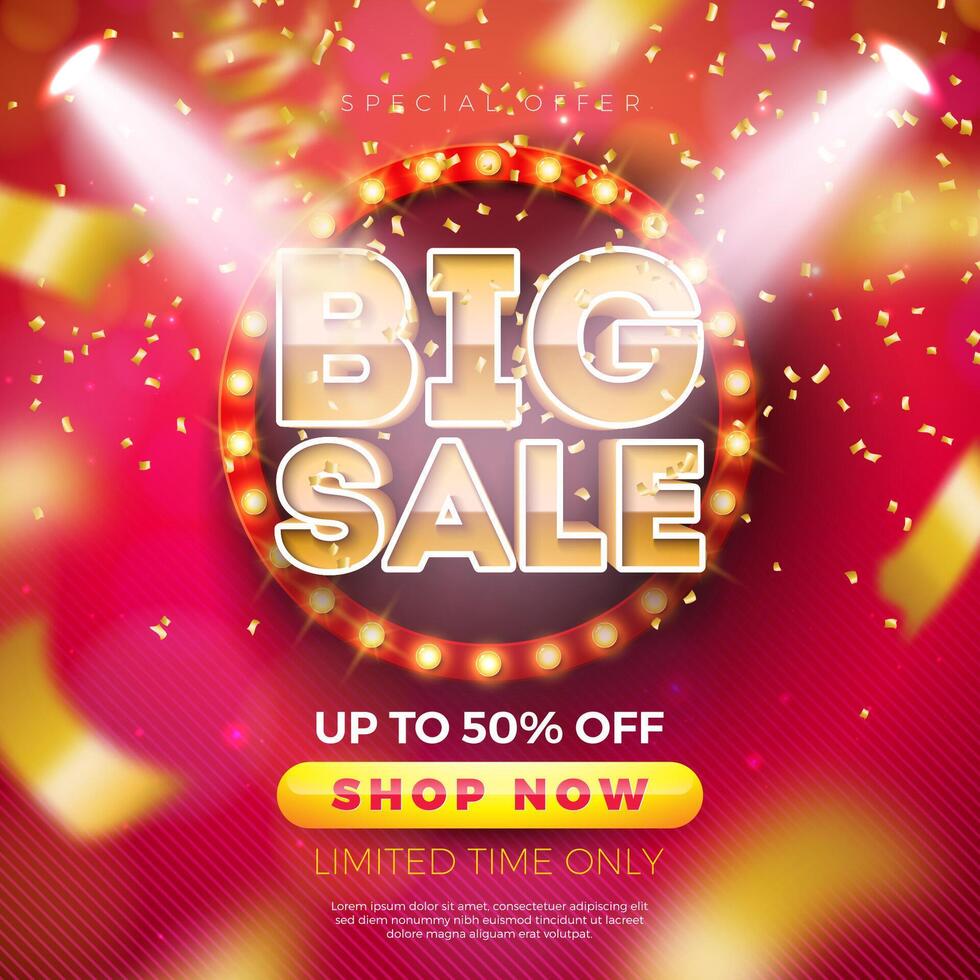 Big Sale Design with Light Bulb Billboard and Falling Confetti on Red Background. Vector Promotional Special Offer Illustration for Coupon, Voucher, Banner, Flyer, Promotional Poster