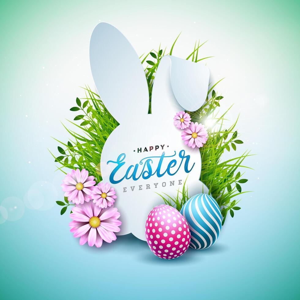 Vector Illustration of Happy Easter Holiday with Painted Egg and Spring Flower on Shiny Light Blue Background. International Celebration Design with Rabbit Shape and Typography for Greeting Card