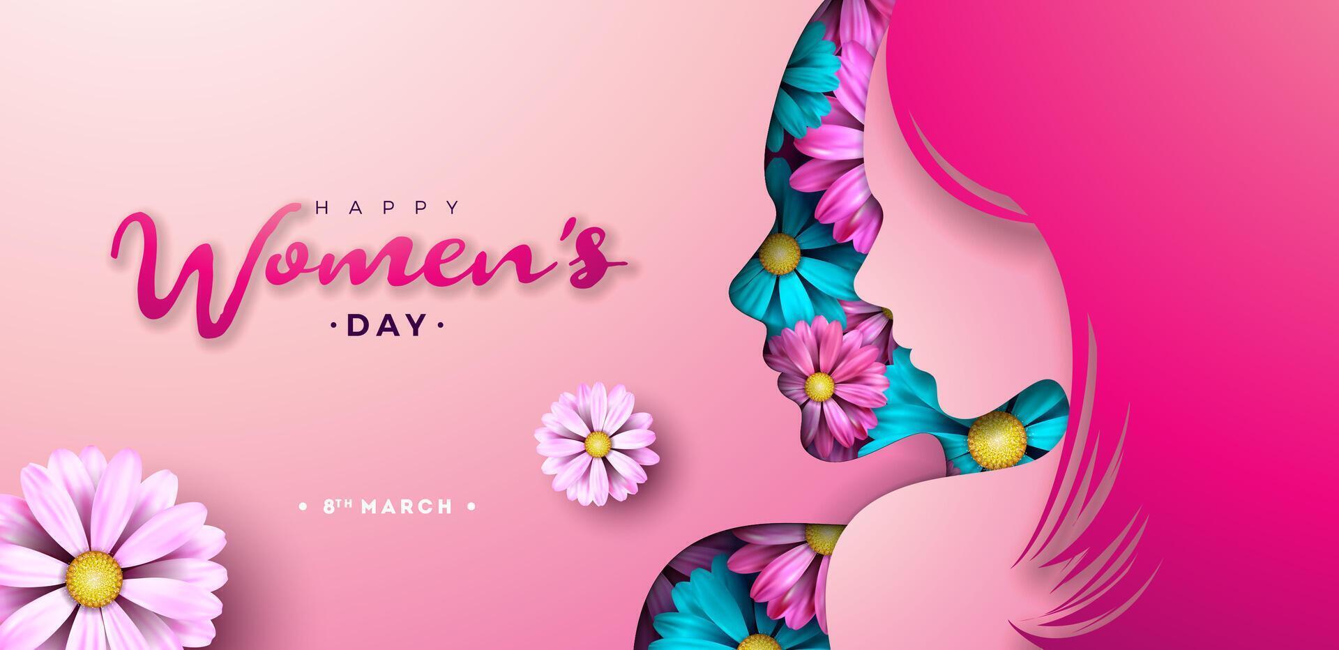 8 March. Happy Women's Day Floral Illustration. International Womens Day Vector Design with Spring Colorful Flower and Young Woman Silhouette on Pink Background. Women or Mother Day Theme Template