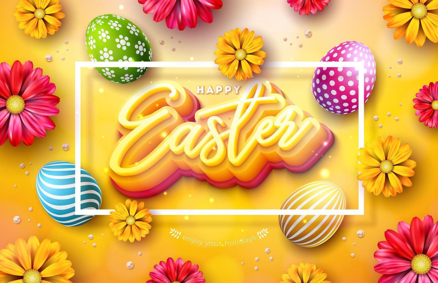 Happy Easter Illustration with Colorful Painted Egg and Spring Flower on Yellow Background. Vector Easter Day Celebration Design for Flyer, Greeting Card, Banner, Holiday Poster or Party Invitation