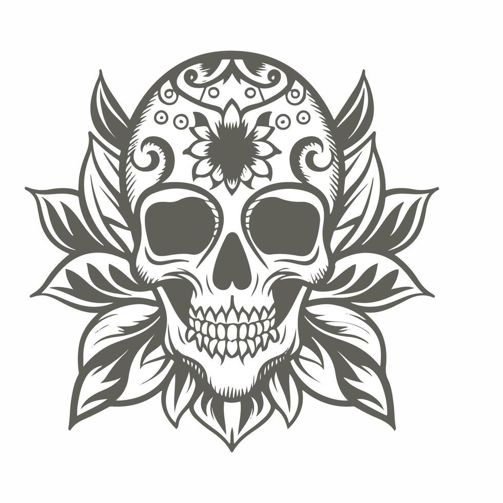 a skull with leaves and flowers vector