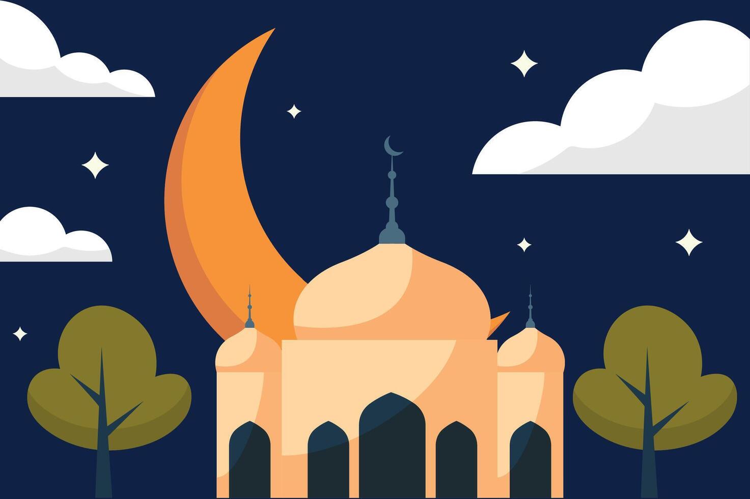 Cartoon simple Taj Mahal building in the night. Ramadan kareem card. Islamic religious holiday. Vector