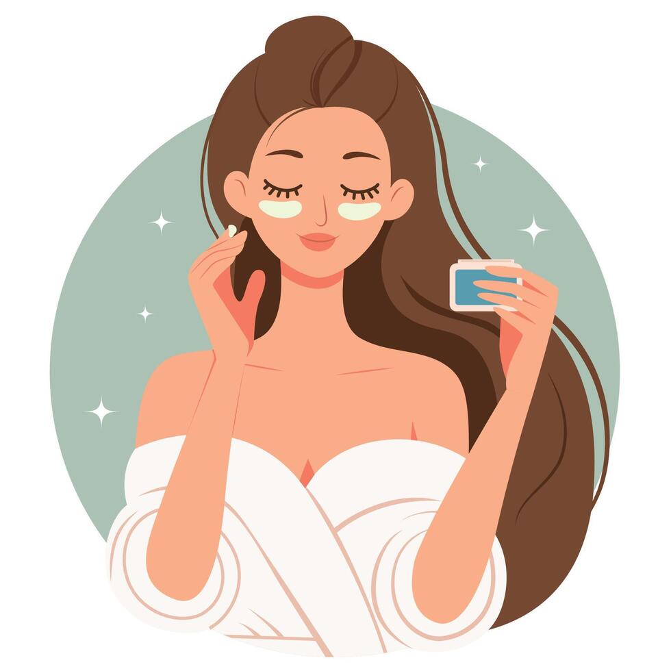Woman skincare beauty daily routine. Young girl with patches moisturise face. Flat vector illustration