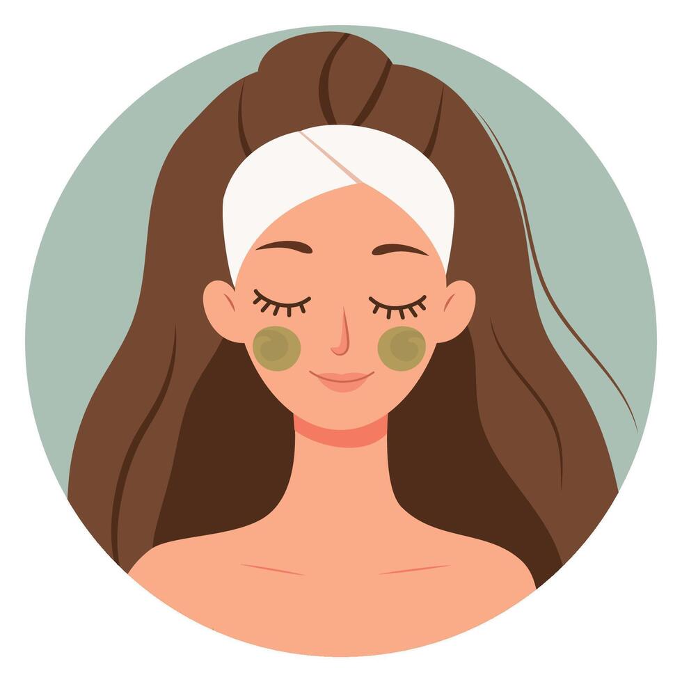 Daily beauty care routine. Woman with mask cream on face with towel on hair. Vector