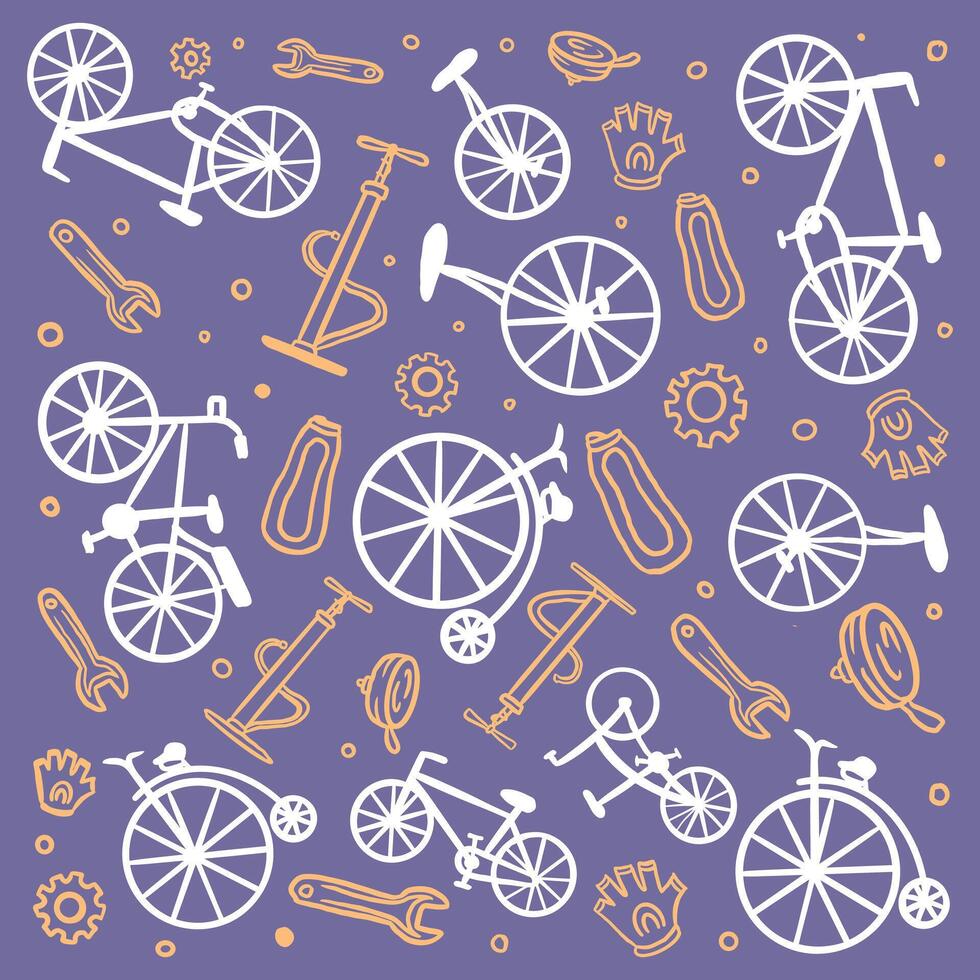 bicicleta y accesorios sin costura modelo mano dibujado vector