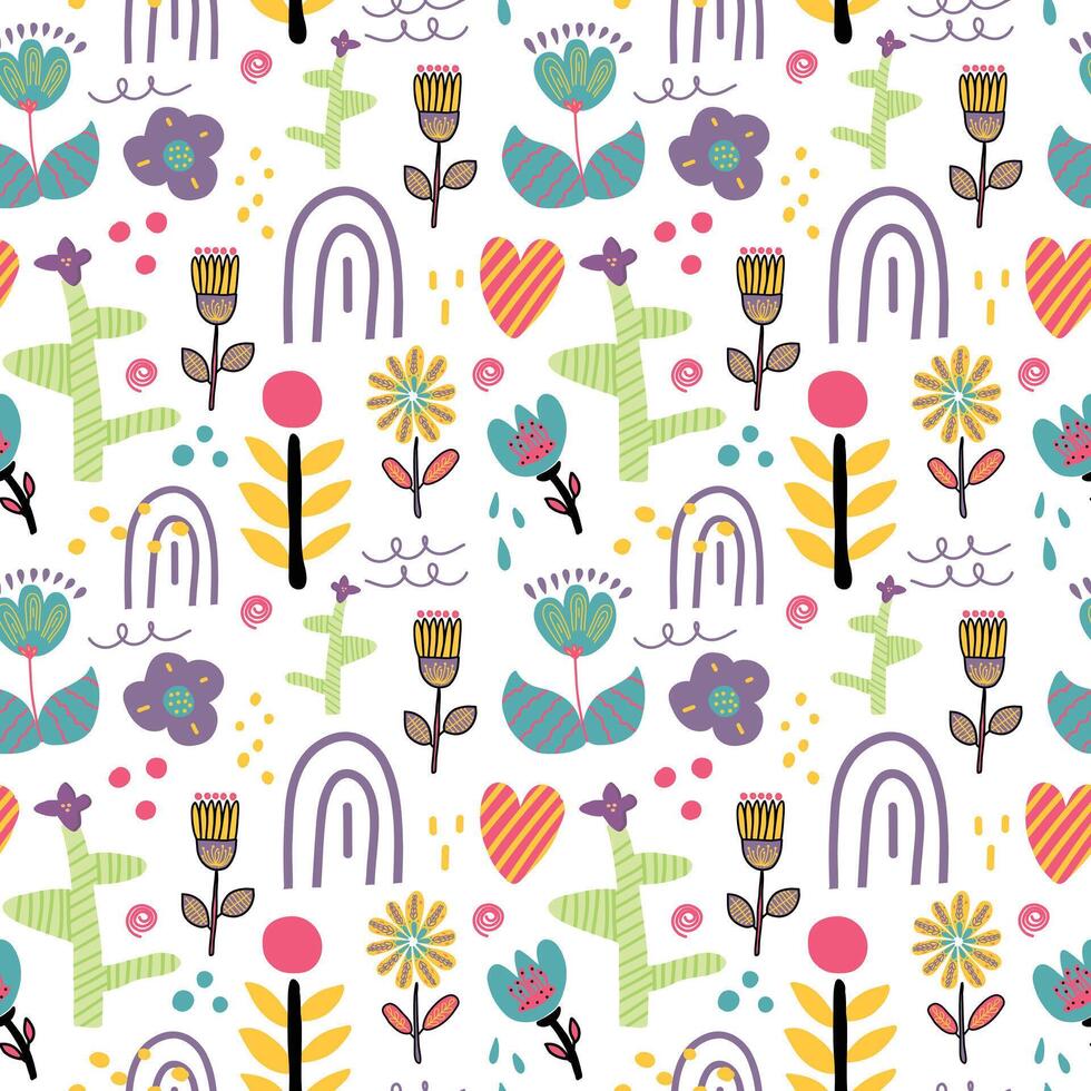 Seamless vector floral pattern with branch, heart, flowers, rainbow and leaves.