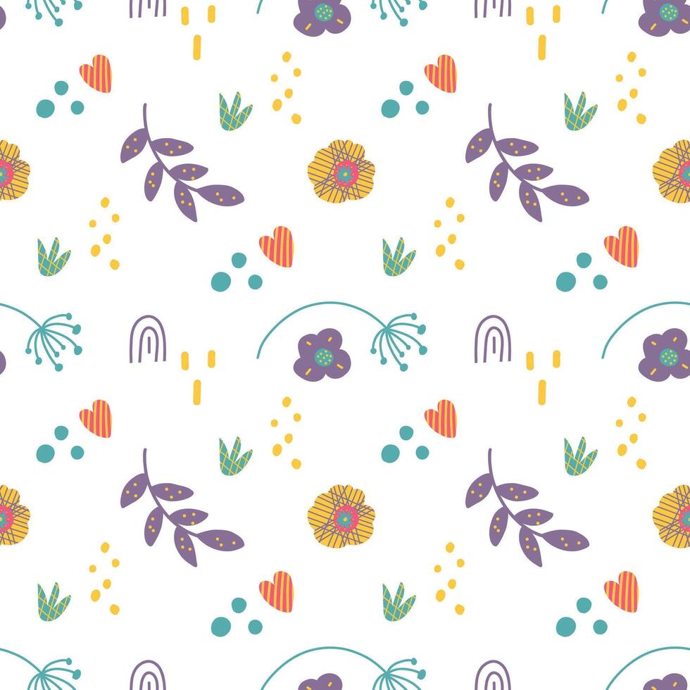 Seamless vector floral pattern with branch, heart, flowers, rainbow and leaves.