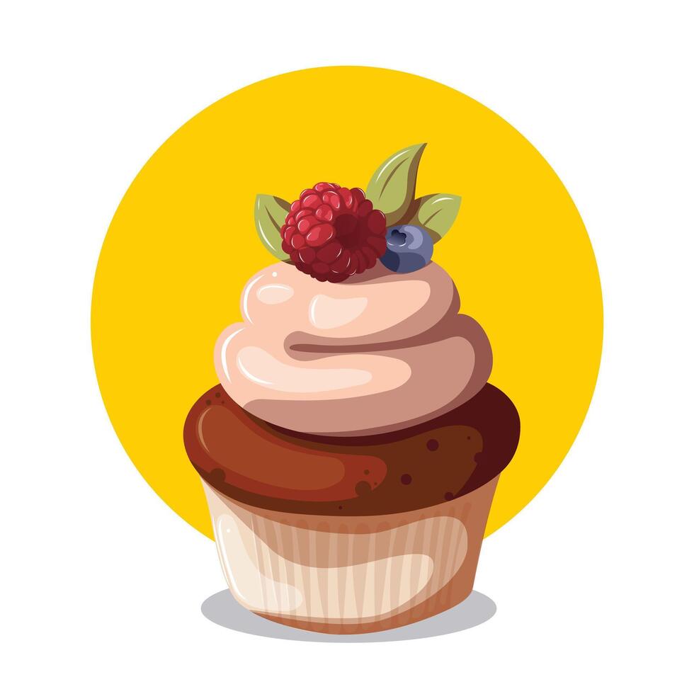 Sweet food. Cupcake with cream and jam. Baking, bakery shop, cooking, sweet products, dessert, pastry concept, catering. Vector illustration for poster, banner, website, advertising.