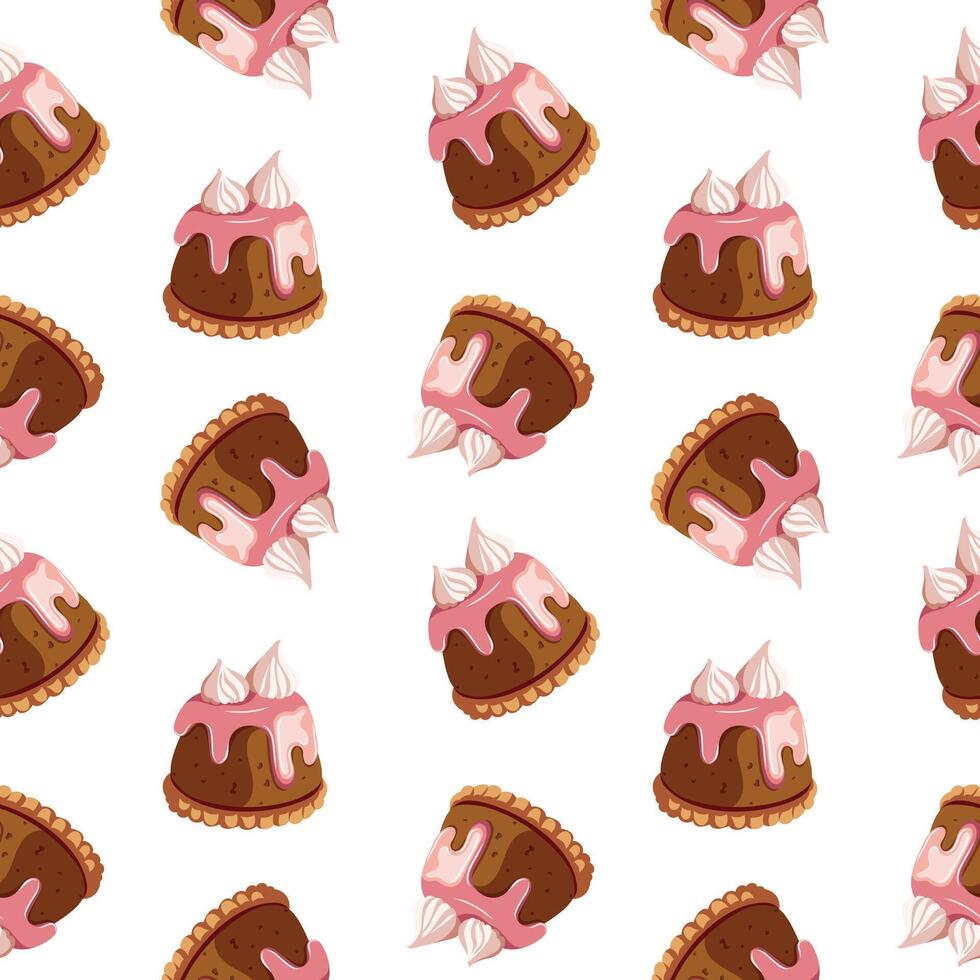 Vector seamless pattern with cupcake with meringues and jam. Baking, bakery shop, cooking, sweet products, dessert, pastry concept, catering. Vector illustration for poster, banner, website.