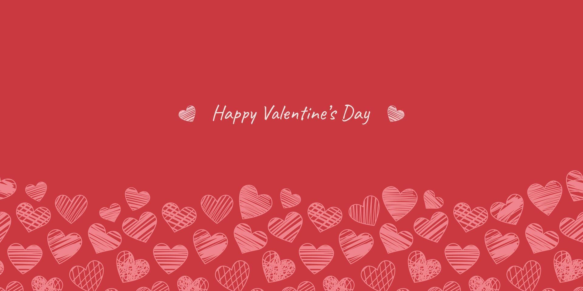 Happy Valentine day greeting concept design, red vector background with hand drawn hearts, holiday banner