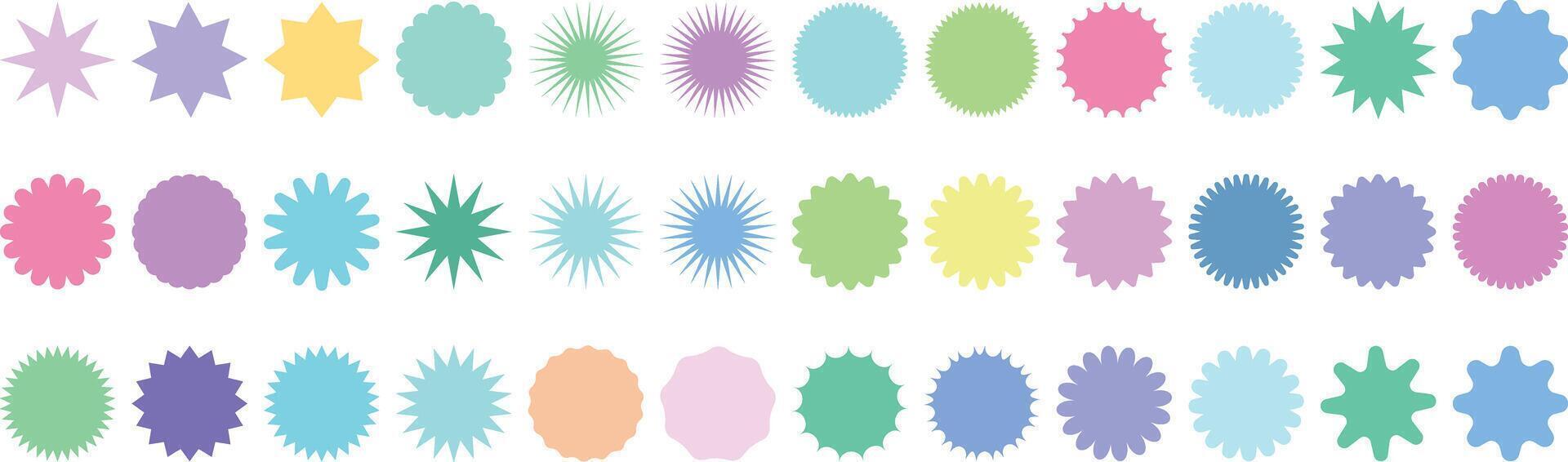 Random colorful retro sunburst vector badges, sales tag, promotional sticker or quality mark clip art, isolated