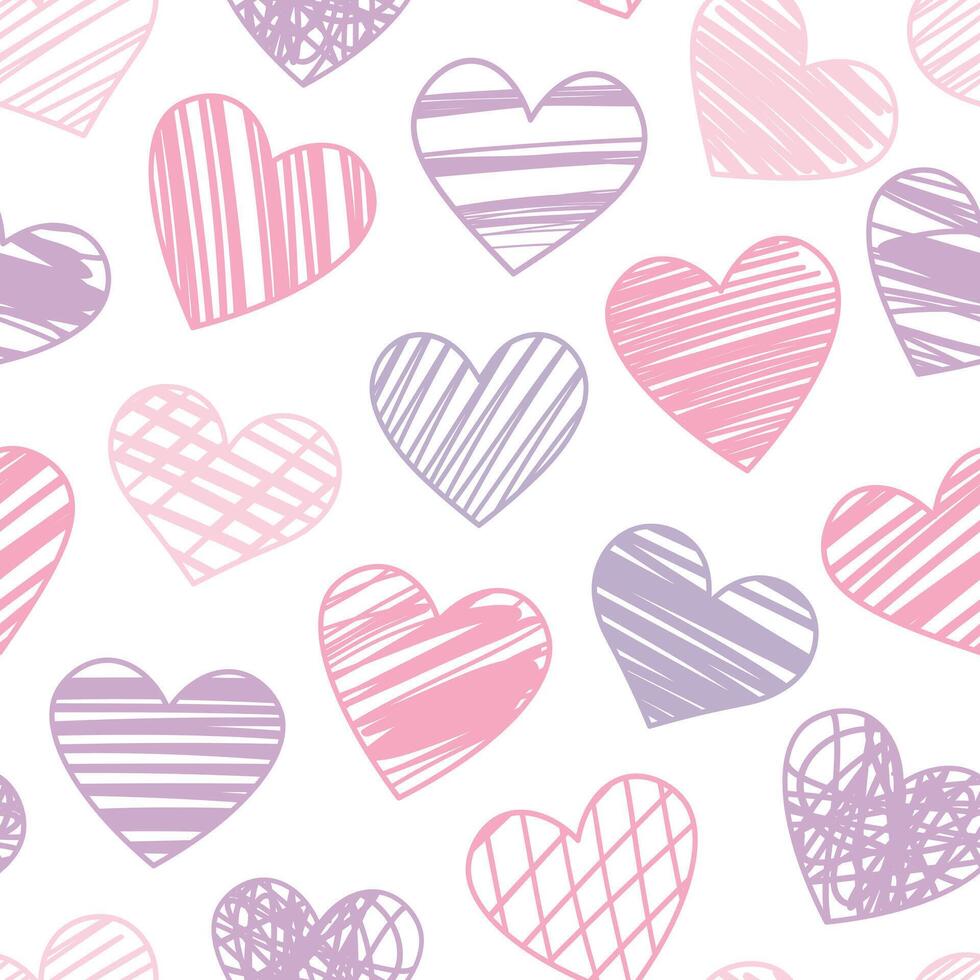 Cute heart pattern with hand drawn hearts, pink and purple seamless repeating backgorund design for valentine day celebration vector