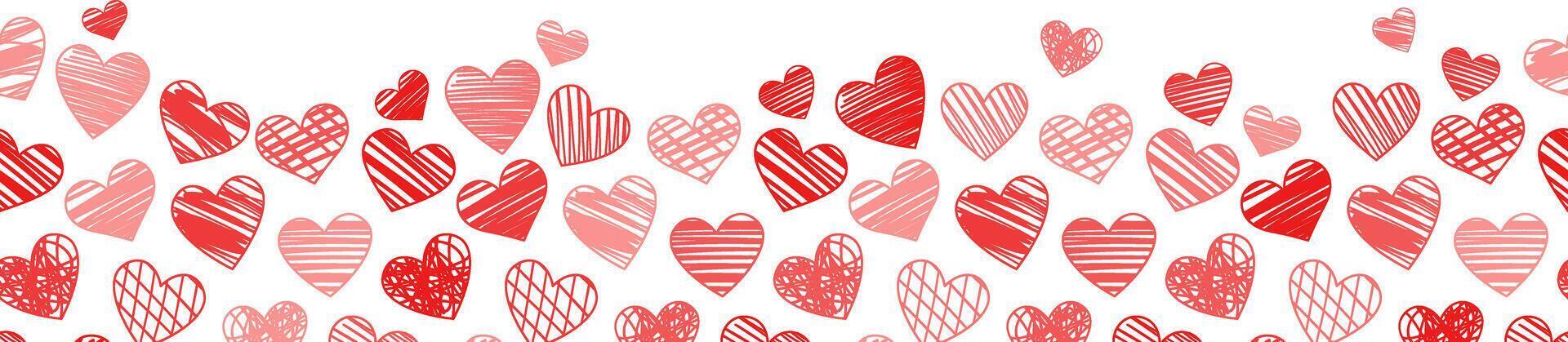 Red hand drawn heart banner for valentine day greeting card or border, seamless repeating pattern design vector