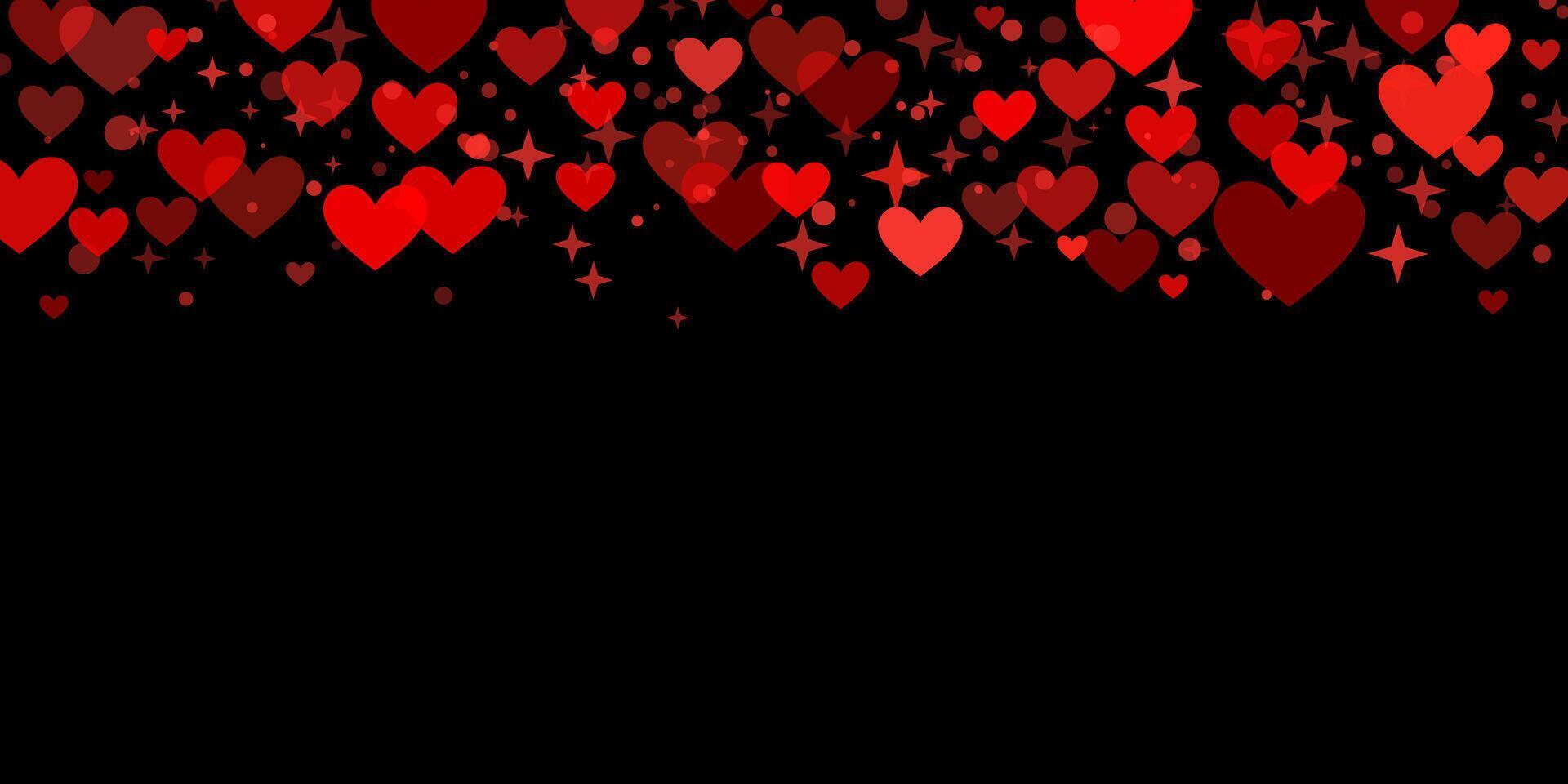 Black and red valentine day confetti background with hearts and stars, dark wallpaper vector