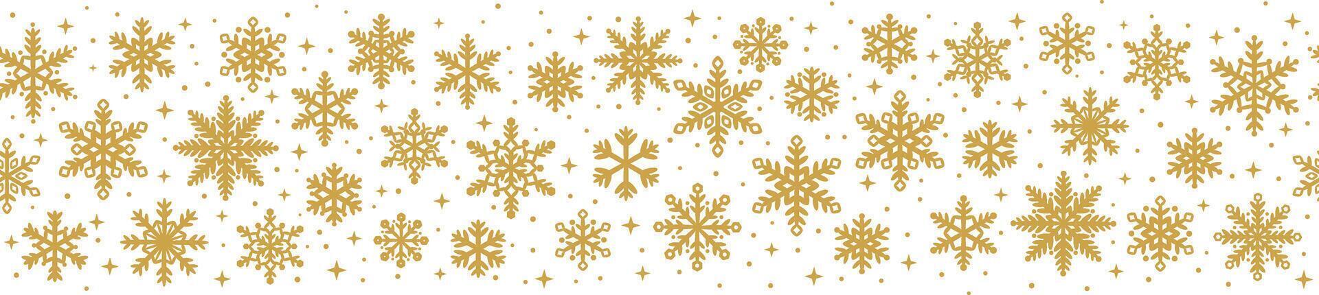 Gold snowflake banner, elegant vector border, seamless repeating pattern for the winter holiday celebrations, isolated clip art element design