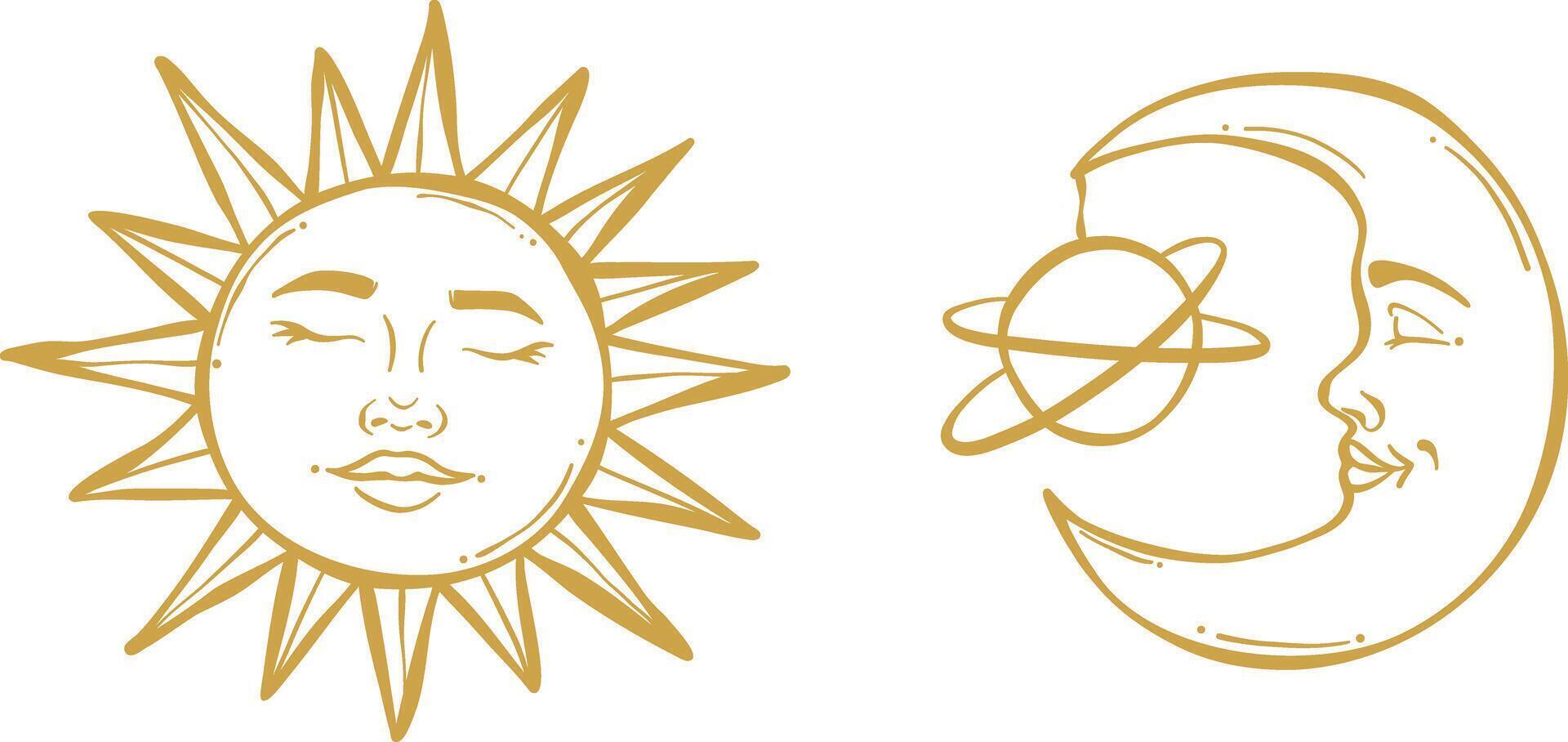 Golden hand drawn sun and moon illustration, magical vector clip art set, isolated