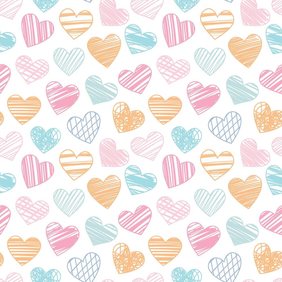 Colorful hand drawn heart pattern, seamless repeating background for valentine day, cute wallaper vector