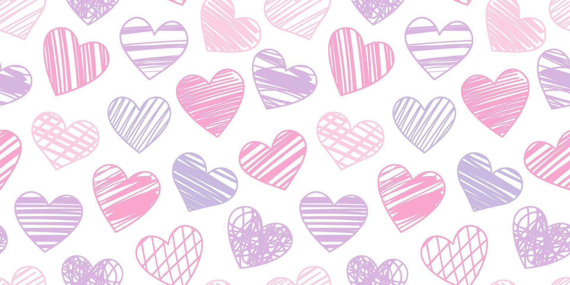 Hand drawn hearts vector repeat pattern white and purple valentine day background design