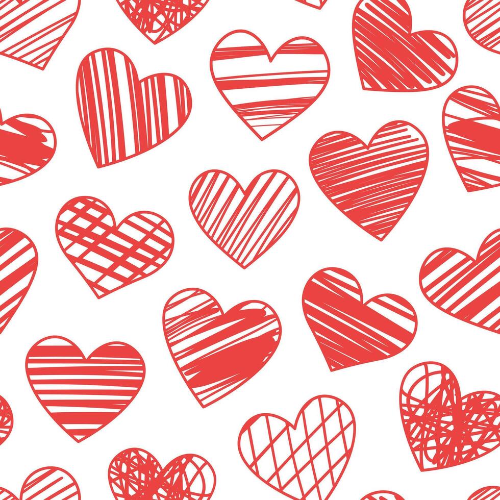 Textured hand drawn heart pattern for valentine day wallpaper or wrapping paper red and white backgorund design vector
