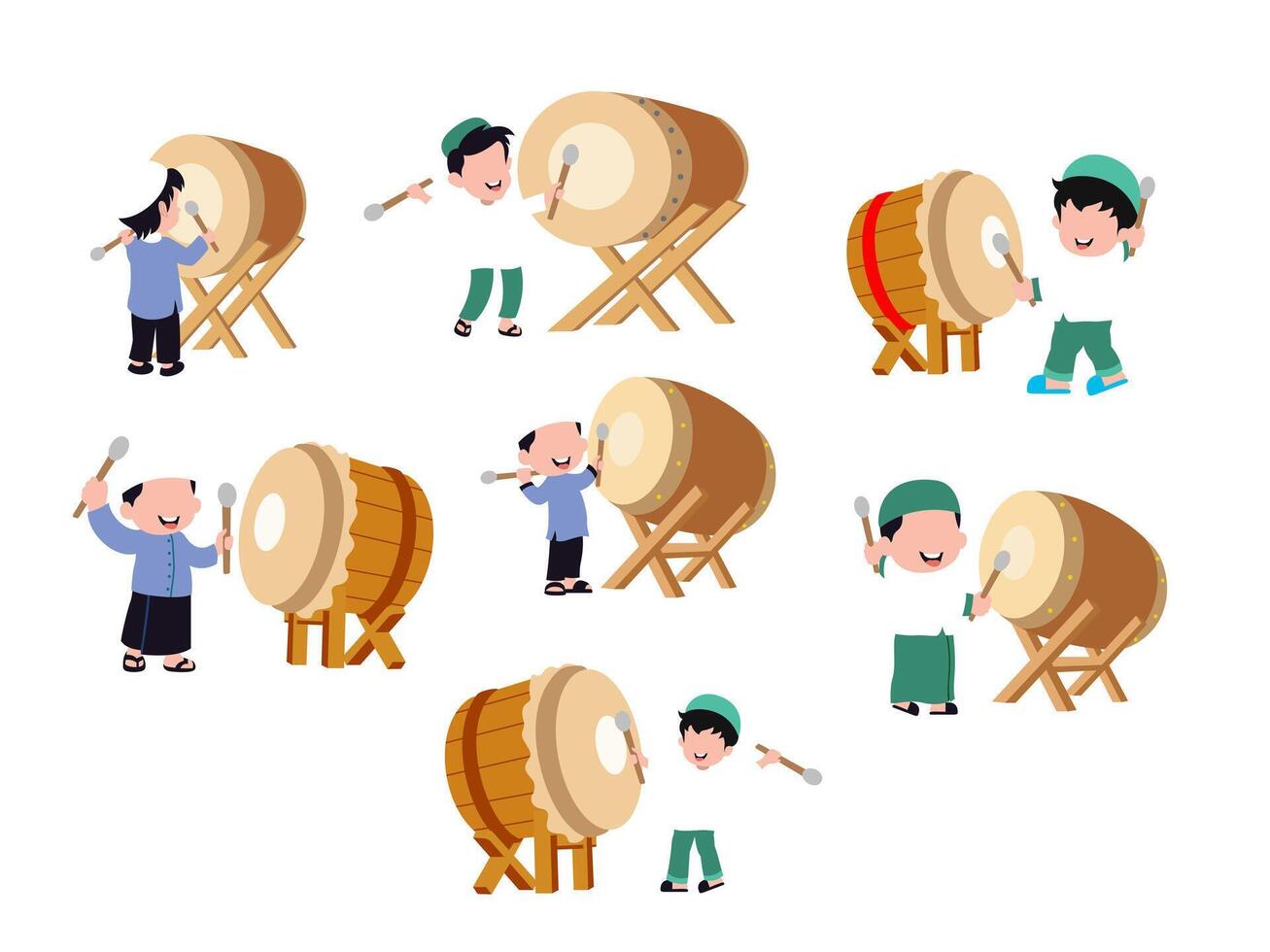 Set of cute cartoon Happy muslim boys hitting drum and celebrating Eid mubarak. Vector illustration isolated on white background.