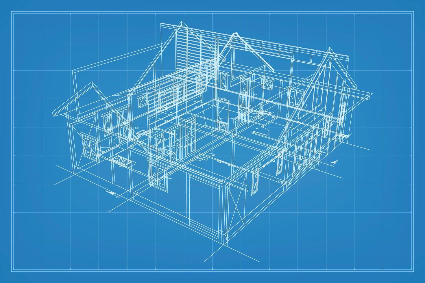 3D render of building wireframe structure. Perspective wireframe of house exterior. Abstract construction graphic idea. Vector. vector
