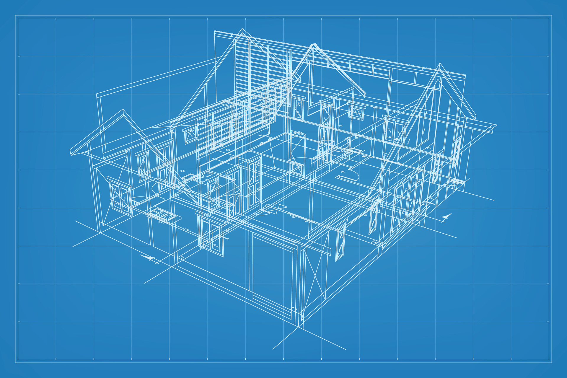 3D render of building wireframe structure. Perspective wireframe of
