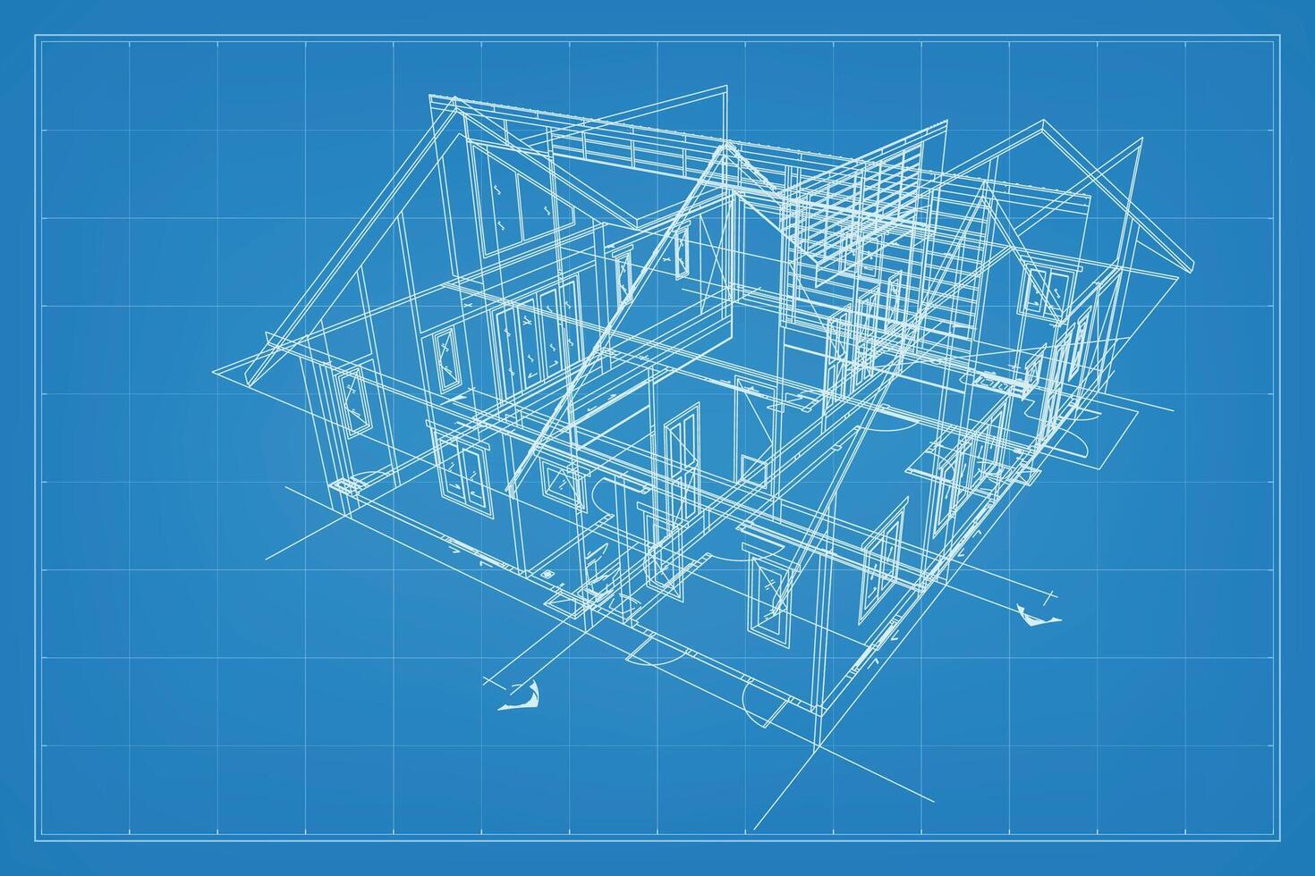 3D render of building wireframe structure. Perspective wireframe of house exterior. Abstract construction graphic idea. Vector. vector