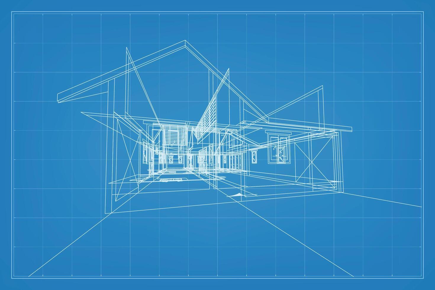 3D render of building wireframe structure. Perspective wireframe of house exterior. Abstract construction graphic idea. Vector. vector