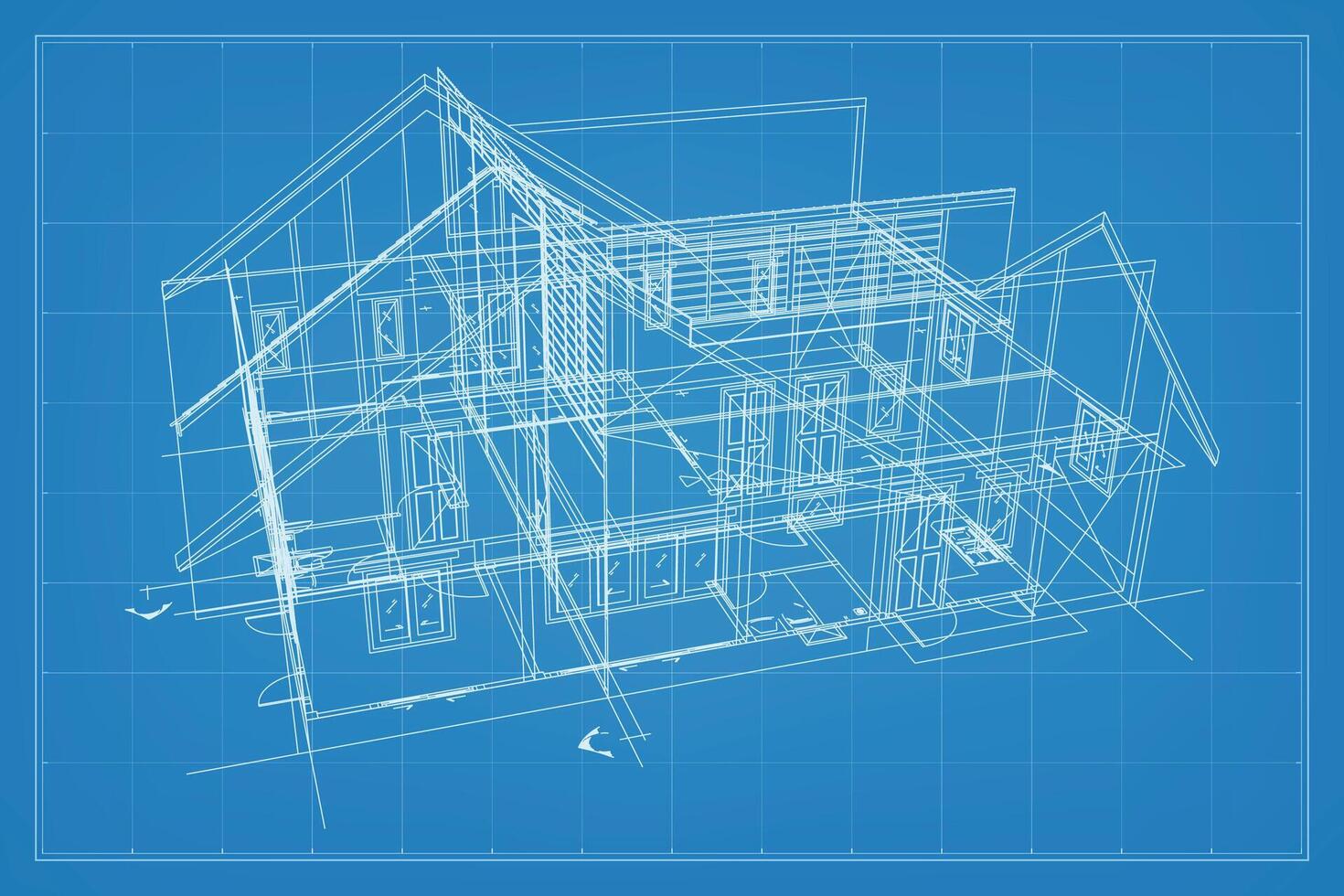 3D render of building wireframe structure. Perspective wireframe of house exterior. Abstract construction graphic idea. Vector. vector