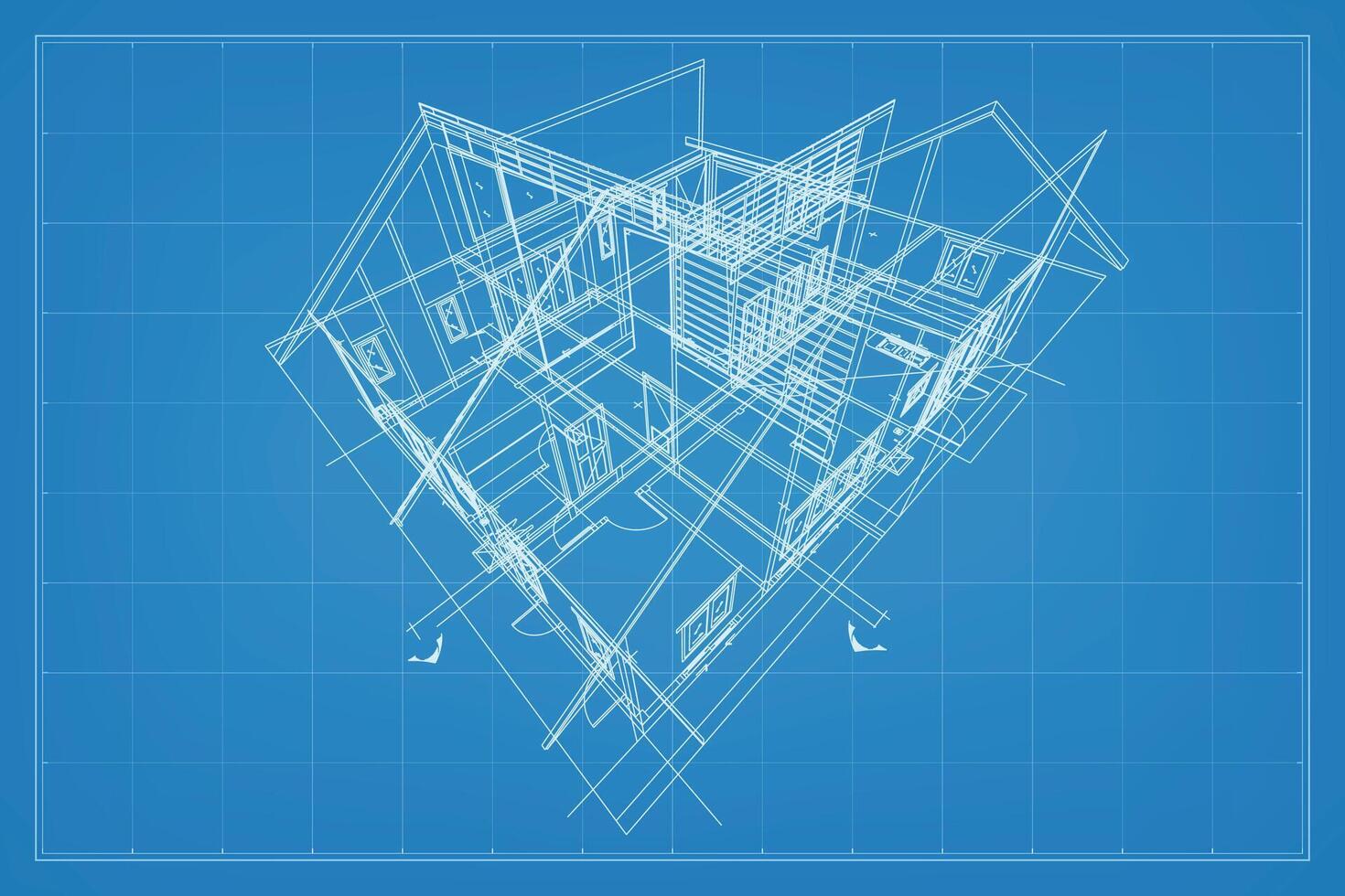 3D render of building wireframe structure. Perspective wireframe of house exterior. Abstract construction graphic idea. Vector. vector