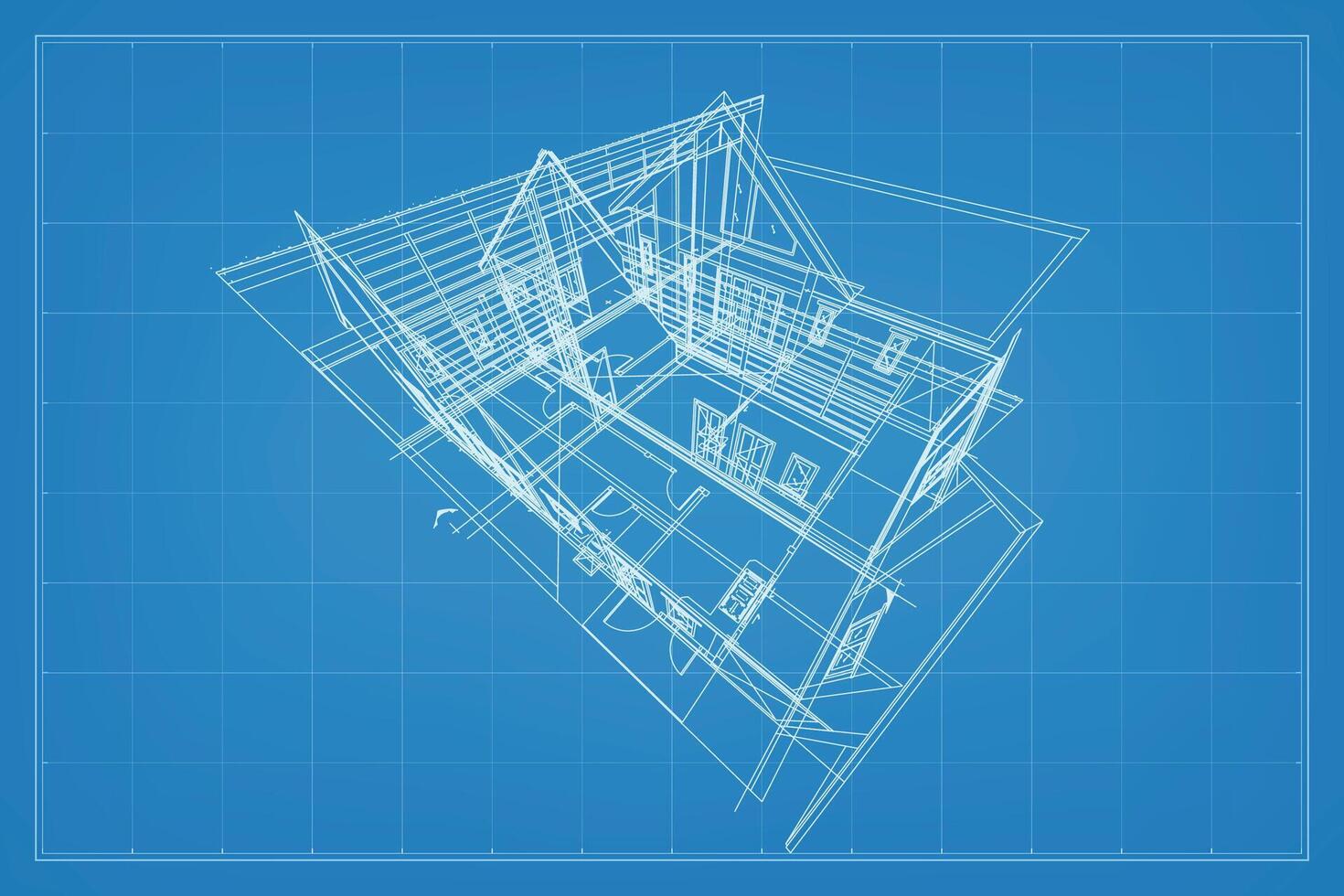 3D render of building wireframe structure. Perspective wireframe of house exterior. Abstract construction graphic idea. Vector. vector