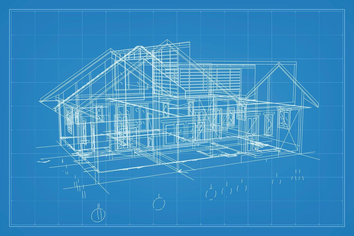 3D render of building wireframe structure. Perspective wireframe of house exterior. Abstract construction graphic idea. Vector. vector