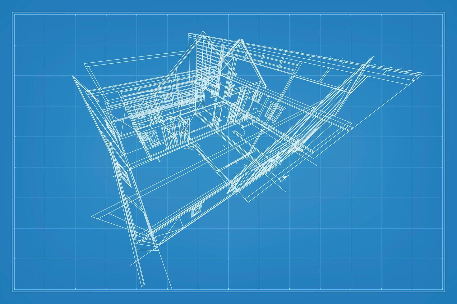 3D render of building wireframe structure. Perspective wireframe of house exterior. Abstract construction graphic idea. Vector. vector