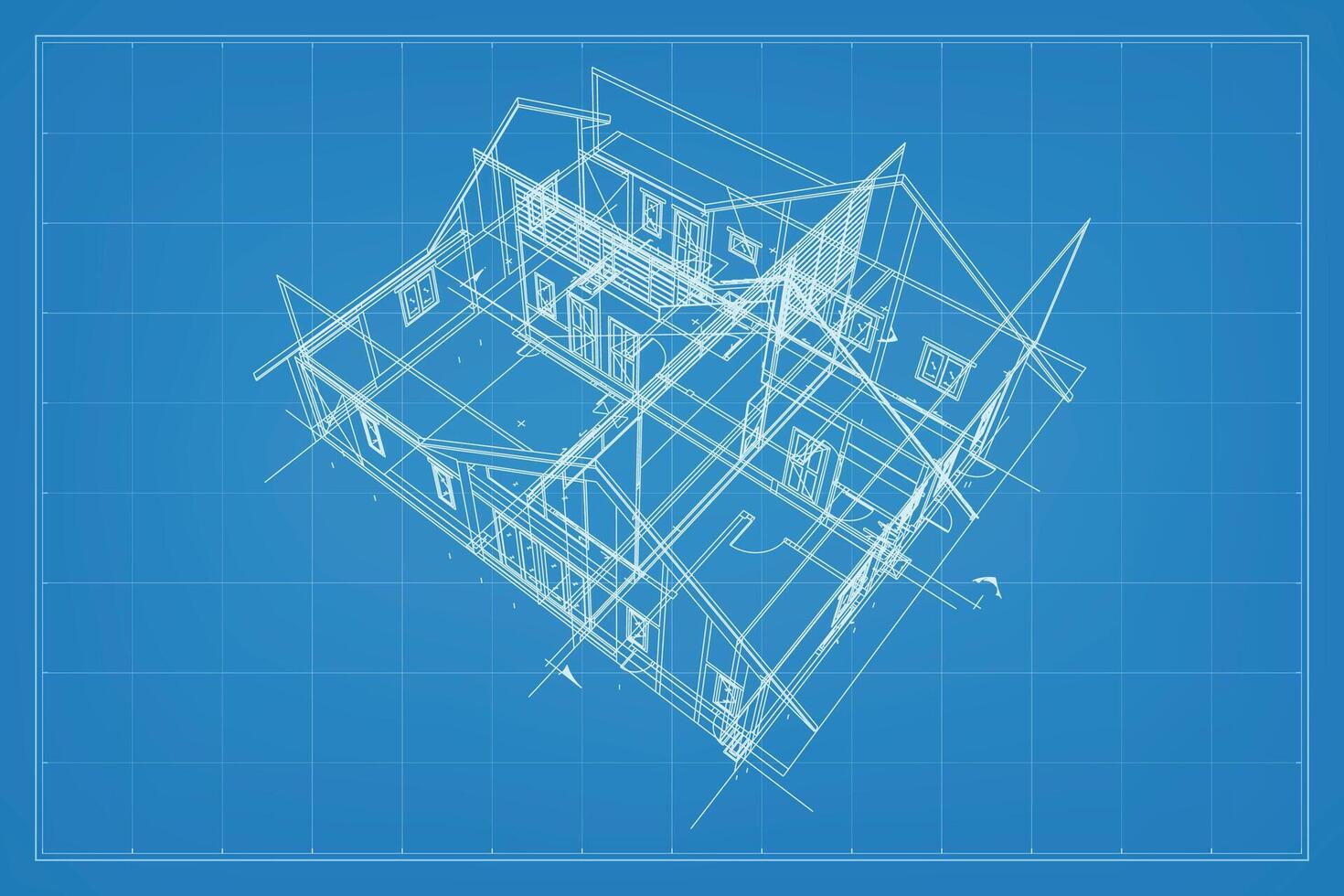 3D render of building wireframe structure. Perspective wireframe of house exterior. Abstract construction graphic idea. Vector. vector