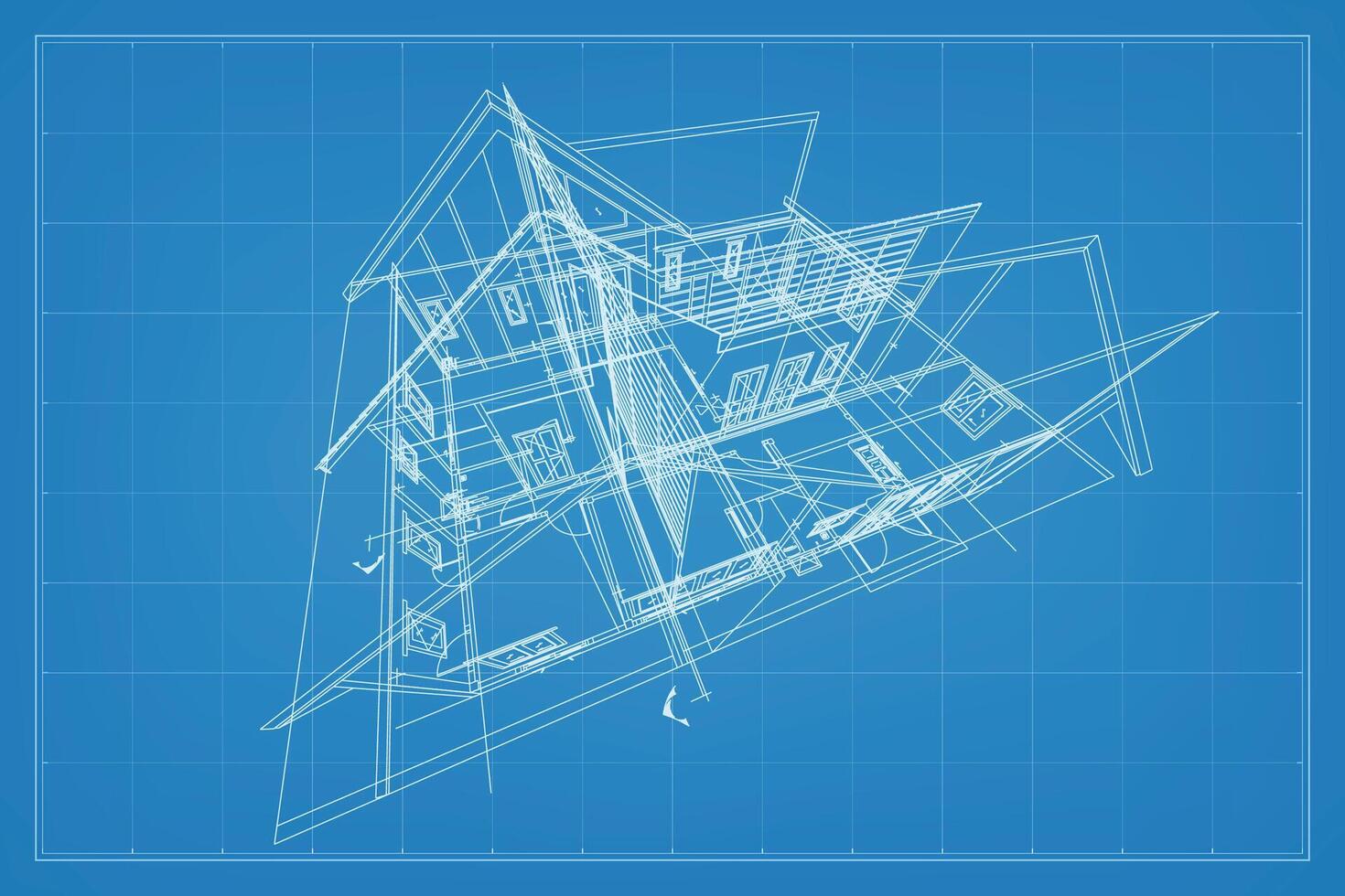3D render of building wireframe structure. Perspective wireframe of house exterior. Abstract construction graphic idea. Vector. vector