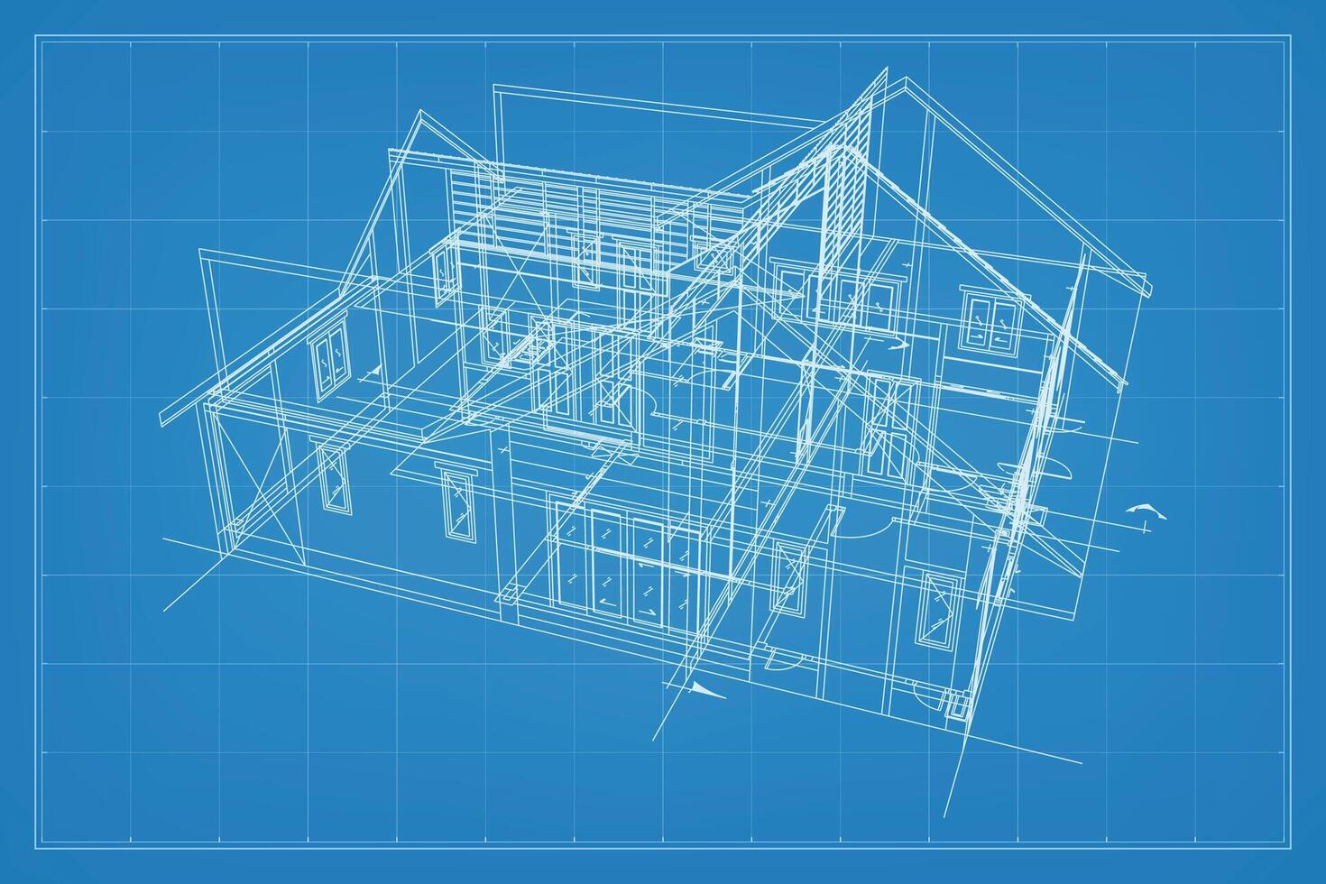 3D render of building wireframe structure. Perspective wireframe of house exterior. Abstract construction graphic idea. Vector. vector