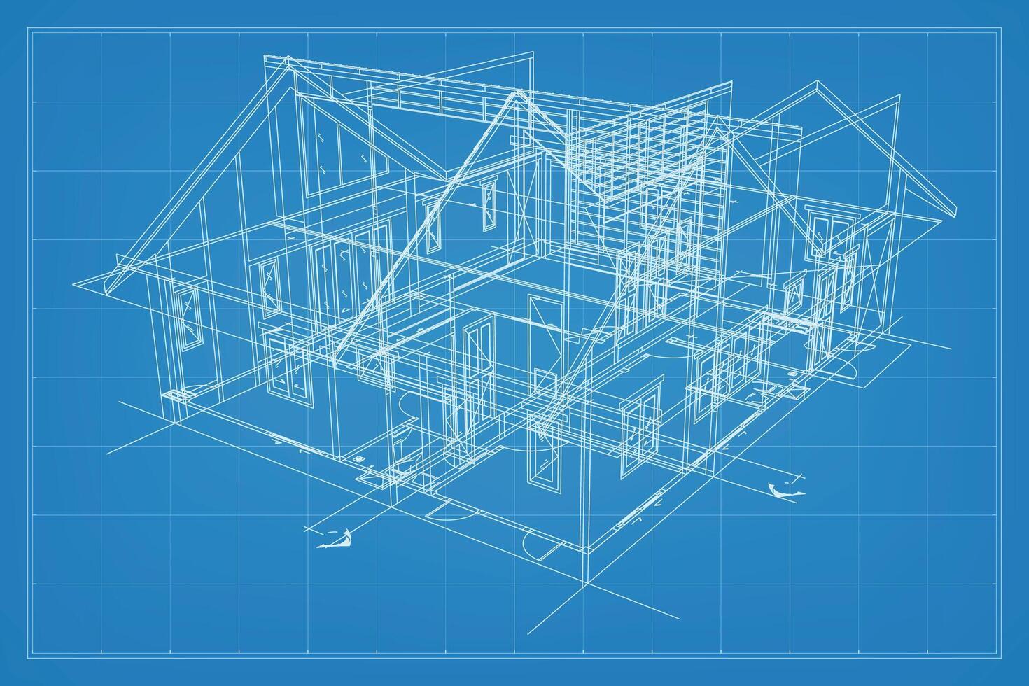 3D render of building wireframe structure. Perspective wireframe of house exterior. Abstract construction graphic idea. Vector. vector