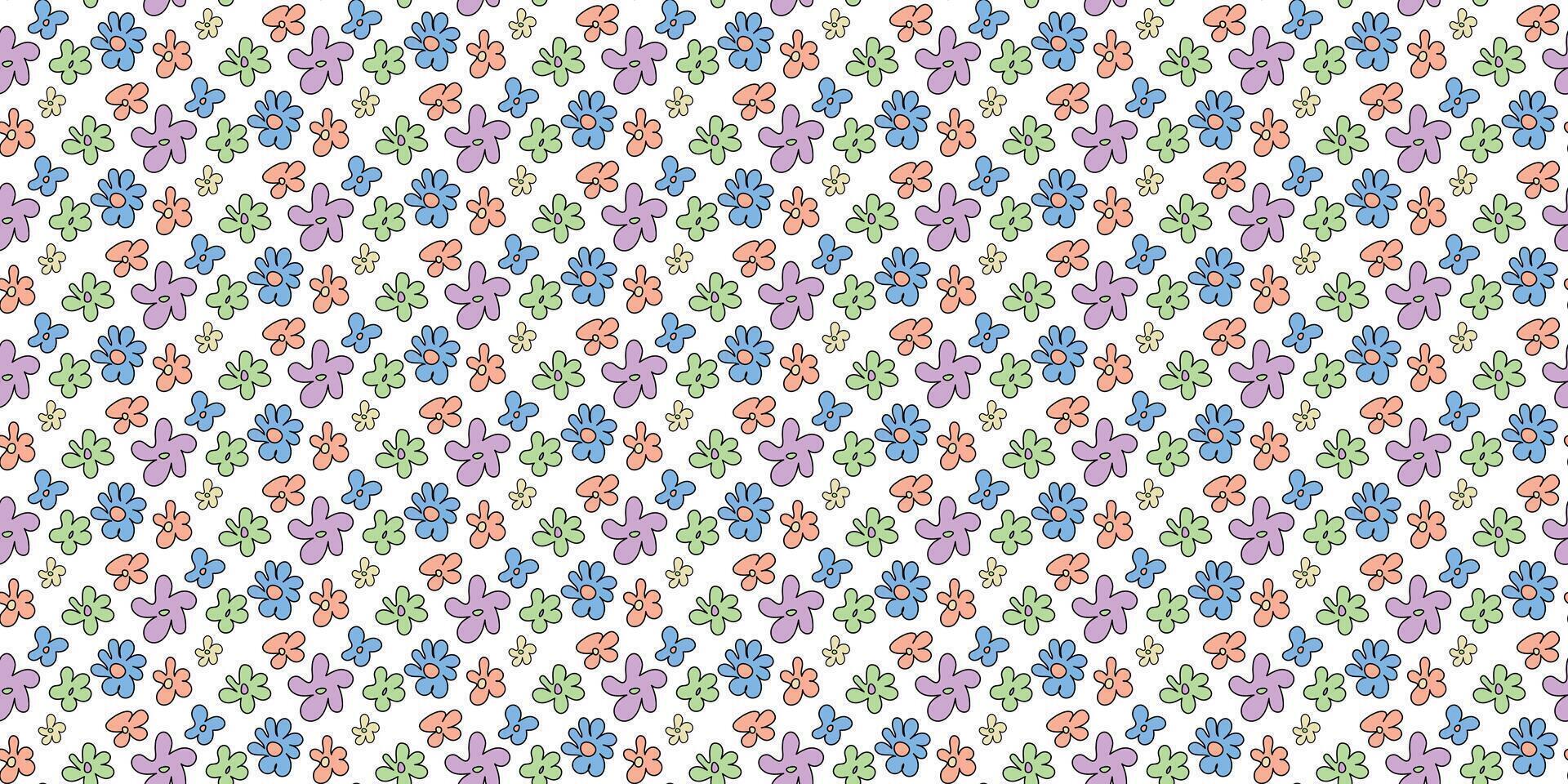 Trendy floral seamless pattern illustration. Vintage 70s style hippie flower background design. Colorful pastel color groovy artwork, y2k nature backdrop with daisy flowers. vector