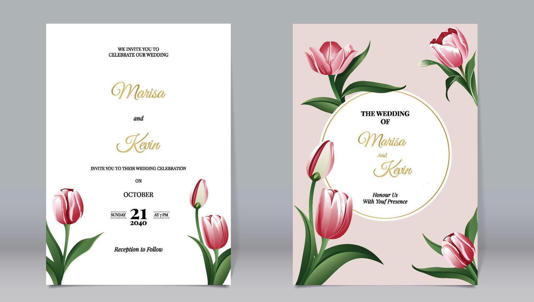 elegante lujo invitación y tulipanes con oro circulo elementos vector