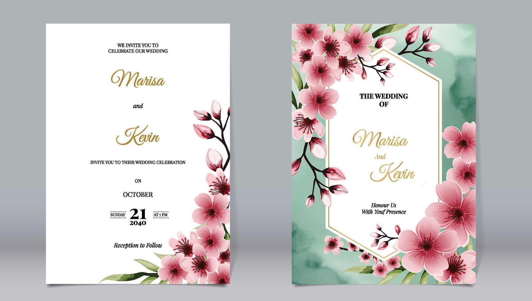 lujo Boda invitación Cereza florecer decoración y oro polígonos en acuarela vector