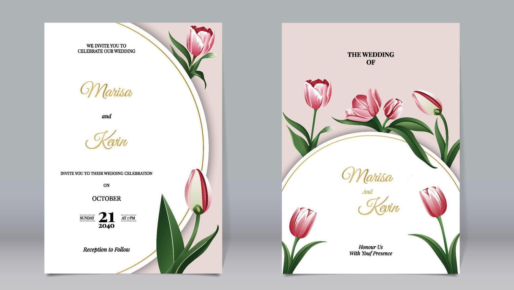 Elegant luxury invitation and tulip flowers with gold circle elements decorated vector